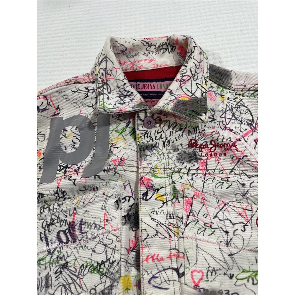 Pepe Jeans women's Denim Jacket Sz M‎ Multicolor graffiti Retro Y2K